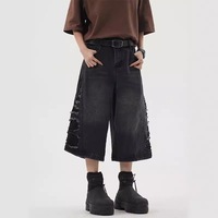 Nouveauté été : Short en jean pour homme, style streetwear, délavé et vieilli, coupe déstructurée, ample, style rétro américain, jambe large, coupe droite, longueur courte