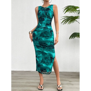 Nuovo Arrivo 2025: Abito Lungo da Donna Senza Maniche con Arricciature e Tie-Dye, Aderente con Spacco Laterale per Feste, Cocktail, Serate Formali - Product Image 6