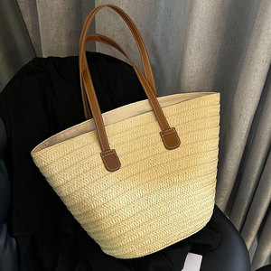 Women's <b>straw</b> <b>bags</b>, large capacity, new style, vacation beach <b>straw</b> <b>bags</b>, woven vegetable baskets, commuter tote bucket <b>bags</b> - Product Image 3