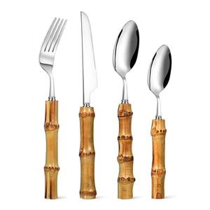 Modern Stainless Steel Cutlery Set with Bamboo Handle Knife <b>Fork</b> Spoon Silverware Flatware Sets for Wedding Restaurant - Product Image 1