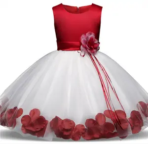 थोक देश शादी पहनने-उच्च गुणवत्ता वाले बच्चे लड़की पोशाक गुलाब का फूल शादी की जन्मदिन की पार्टी के कपड़े बिना आस्तीन टूटू प्रदर्शन बच्चों लड़की पहनने
