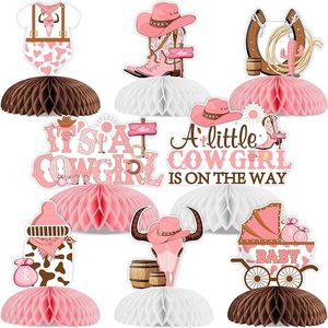8 pièces Décoration de table en papier écologique rose, thème Cowgirl Western, centre de table nid d'abeille pour baby shower Cowgirl - Product Image 1