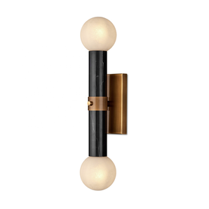 Lámpara de Pared Moderna de Diseño Cilíndrico con Globos de Vidrio y Mármol Travertino, Latón Sólido, Latón Antiguo, <span class=keywords><strong>Beatrix</strong></span>, Aplique de Pared Negro para Baño - Product Image 1