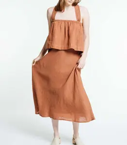 Custom Thick Strap Ladies Midi 100% Linen Dresses Casual Sleeveless Cross Back Long dresses women Summer Daily Dress Suppliers