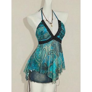 Women's Chiffon Halter <b>Top</b> Empire Waist Asymmetrical <b>Flowy</b> Backless Party Club Outfit Breathable - Product Image 4
