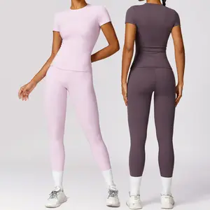 YIYI setelan olahraga wanita, kaus latihan lengan pendek celana pinggang tinggi Gym Set pakaian Yoga Gym Legging