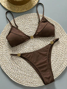 Conjunto de Bikini de Dos Piezas para Mujer, Triangular, Acanalado, Sólido, sin Espalda, con Tirantes Finos Ajustables, Corte Alto, Spandex/Poliéster, Transpirable, de Secado Rápido - Product Image 3