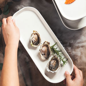 Plato de mantenimiento fresco de cocina de cerámica japonesa negro blanco 12 "13,75" 16 ''Sushi salmón cerámica bandeja de hielo seco plato de restaurante - Product Image 3