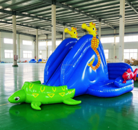 Toboggan aquatique gonflable commercial double piste, thème palmier et cocotier, avec piscine bleue, pour jardin et cour arrière