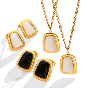 Black White Square Gemstone Stainless Steel Necklace And Earringsfashion Jewelry Jewelry Sets