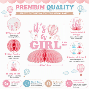 Decorazioni per Festa di Rivelazione del Sesso con Mongolfiere, 8 Pezzi di Centrotavola a Nido d'Ape 'Lui o Lei' in Rosa e Blu - Product Image 6