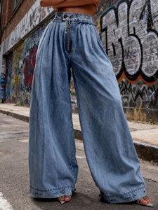 <b>Women</b> Denim Harem <b>Jeans</b> Casual High Waist Wide Leg Baggy Solid Color Trousers with Pockets Breathable Slight <b>Stretch</b> Fabric - Product Image 5