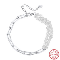 Bracelet double pour femme en argent 925 plaqué or fait main, chaînes en forme de trombone, perles de culture d'eau douce blanches de qualité AAAA