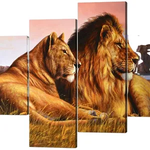4 paneller aslan resimleri duvar dekor dişi aslan ve aslan üzerinde prairie resim baskılı tuval üzerine Giclee sanat Modern aslan tuval duvar