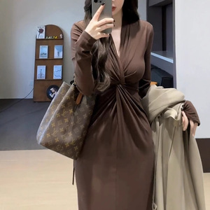 French Style Knotted V Neck Long Sleeve Bodycon Maxi Dress Coffee Black Plus Size Women's Dress - Product Image 2