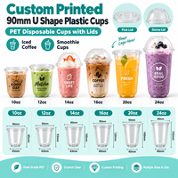 Gobelets en plastique en forme de U personnalisés de 90 mm, 10 oz, 12 oz, 14 oz, 16 oz, 20 oz, 24 oz, gobelets jetables en PET avec couvercles, gobelets pour café glacé, smoothies