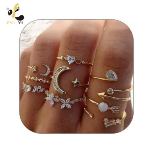 Wholesale Bohemian Midi Knuckle Ring Set For Women Crystal Star Moon Flower Love Crescent Geometric Finger Rings Vintage Jewelry