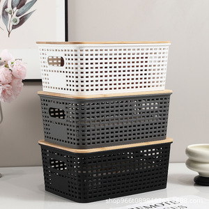 Cesta de Almacenamiento de Plástico Tejida Rectangular con Asa, Apilable, para Juguetes, Libros, Escritorio, Diseño de Rejilla - Product Image 5