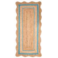 Tapis rectangulaire en jute tressé à la main de style bohème indien, écologique, bordure bleu ciel avec couleur beige, décoration de la maison