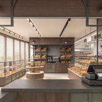 Comptoir de vente au détail en bois texturé pour boulangerie-pâtisserie, design de magasin de gâteaux commercial avec vitrine et mobilier sur mesure