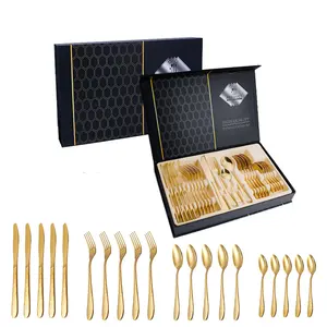 24pcs Flatware Set Wholesale Luxury Custom Stainless Steel Flatware Wedding Restaurant Plated Gold 24 PCS Cutlery Set
