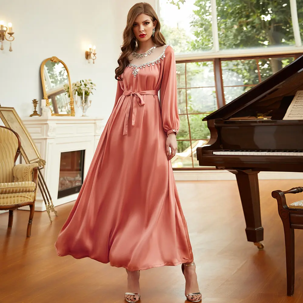 Middle East Women's Evening Dress Pink Mesh Hollow out Splice Hand Sewn Diamond Super Fairy Muslim Eid Dress