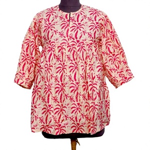 Pure Cotton Women's Vintage Summer Casual Dress palm <b>tree</b> Printed Puff Sleeve Tunic Top WITH V-slit neck Natural frock style top - Product Image 1