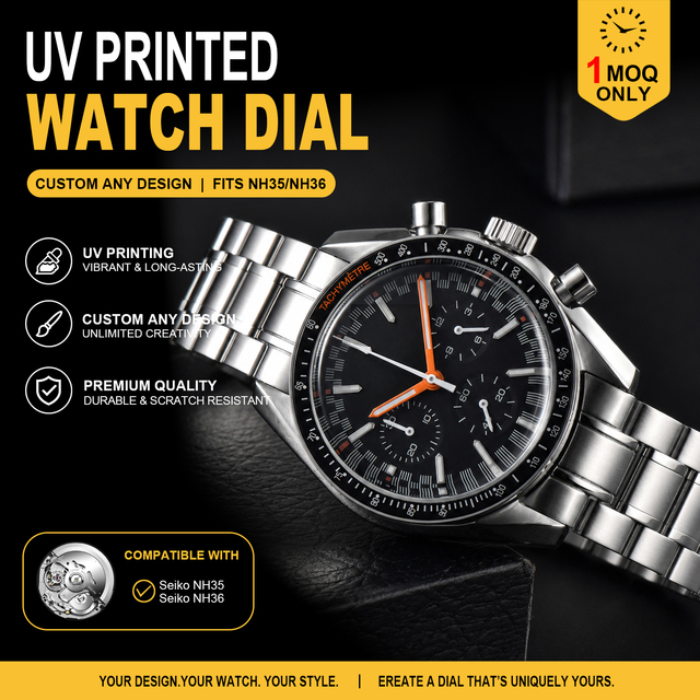 Custom Luxury Mechanical Chronograph Watch with Tachymeter 50M Waterproof Black Dial Orange Hands Cow Leather Strap