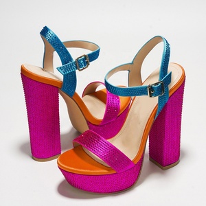 Sandales à bout carré pour femmes, ornées de strass, talons épais, plateforme large, imprimé léopard, chaussures de soirée - Product Image 3