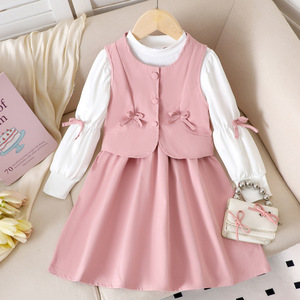 Nouvelle arrivée automne : Chemise blanche à manches longues style délicat pour petites filles, accompagnée d'un <span class=keywords><strong>gilet</strong></span> rose - Product Image 1