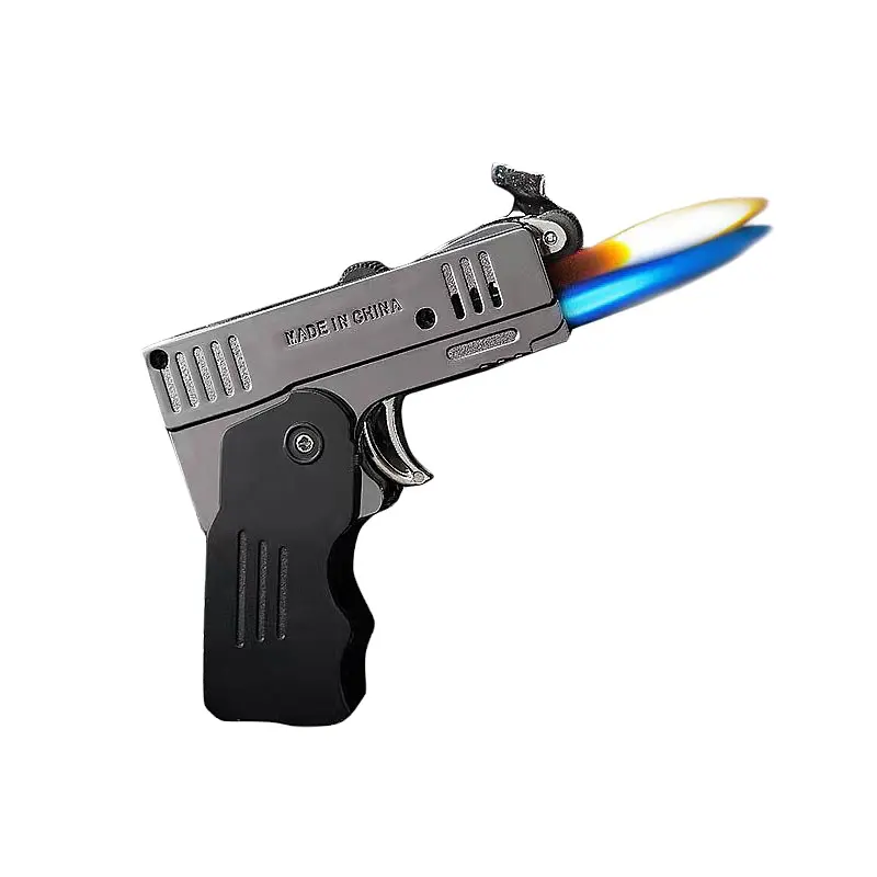 Hot sell mini l double fire blue flame gas torch lighter metal gun pistol cigarette lighter