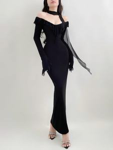 Robe moulante mince noire de printemps décontractée pour femmes avec conception à épaules dénudées à manches longues à volants Style <span class=keywords><strong>mature</strong></span> Aura dominatrice - Product Image 6