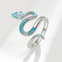 Anillo Abierto de Serpiente con Esmalte Azul Vintage Brillante y Adorno de Cristal, Chapado en Plata sobre Latón, Joyería de Moda para Uso Diario