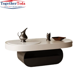 Table basse ovale en bois laqué, style ardoise crème, durable et tendance, pour petits salons, appartements et hôtels - Product Image 1