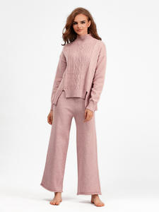 Abito da donna personalizzato inverno autunno lavorato a maglia <span class=keywords><strong>con</strong></span> collo alto maglione spesso <span class=keywords><strong>con</strong></span> <span class=keywords><strong>leggings</strong></span> larghi larghi in tinta unita Set Casual in due pezzi - Product Image 2