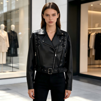 Veste en cuir PU de style motard avancée, noire, pour femme, avec design à lacets tendance