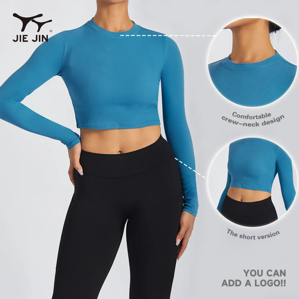 Jiejin New Arrival Gym Yoga Kleding Vrouwen Fitness Hoge Hals Lange Mouw Hardloop Crop Strakke Slim Fit Shirts