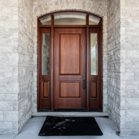 Portes d'entrée doubles résidentielles personnalisées avec cadre en bois, design de grille en verre et dessus arrondi