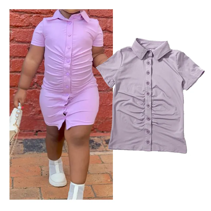 गर्म बिक्री गर्मियों में बच्चों के कपड़े सेक्सी तंग बटन ठोस टी शर्ट छोटी लड़कियों कस्टम आकस्मिक लघु आस्तीन पोशाक नई बच्चों के लिए