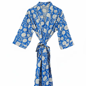 Blue <b>Kimono</b> Robe Cotton Floral Hand Block Print Breathable Long Sleeve Nightwear & <b>Beach</b> Cover-Up for Women's Type - Product Image 1