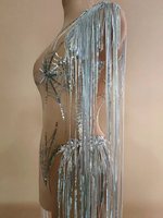 Mode voir à travers maille paillettes gland moulante body barboteuses courtes danse décapant justaucorps femmes Sexy strass combinaison