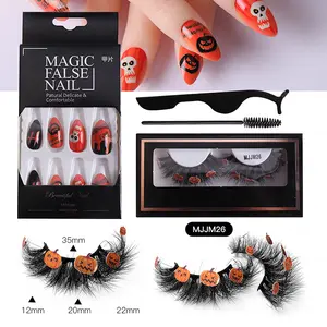 Prensa de amêndoa para Halloween, unhas falsas de comprimento médio e cílios coloridos grandes extra longos dramáticos, cílios de penas cosplay