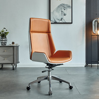 Chaise de bureau en cuir Nordic Joy, blanche, moderne, minimaliste, pivotante, avec accoudoirs et structure en bois, pour réunions à domicile, modèle MR-04A