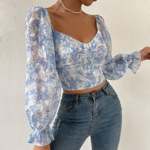 Top corto con maniche lunghe a sbuffo con stampa floreale Vintage da donna camicette eleganti in Chiffon Et Chemises Pour Femmes Top e camicette da donna - Product Image 5