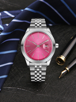 Montre-bracelet à quartz de luxe pour homme avec cadran rose, lunette polie, index horaires, date et boîtier en acier inoxydable