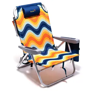 Chaise de plage SunnyFeel avec 5 réglages d'inclinaison et un motif de vague orange plus frais offrant une ajustabilité et un rangement pour les collations.