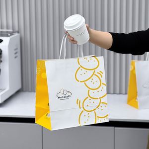 Custom Eco-Friendly Disposable Biodegradable Recyclable Kraft Paper <b>Bag</b> Flat Handles Offset Printing for Bakery Dessert Cookies - Product Image 5