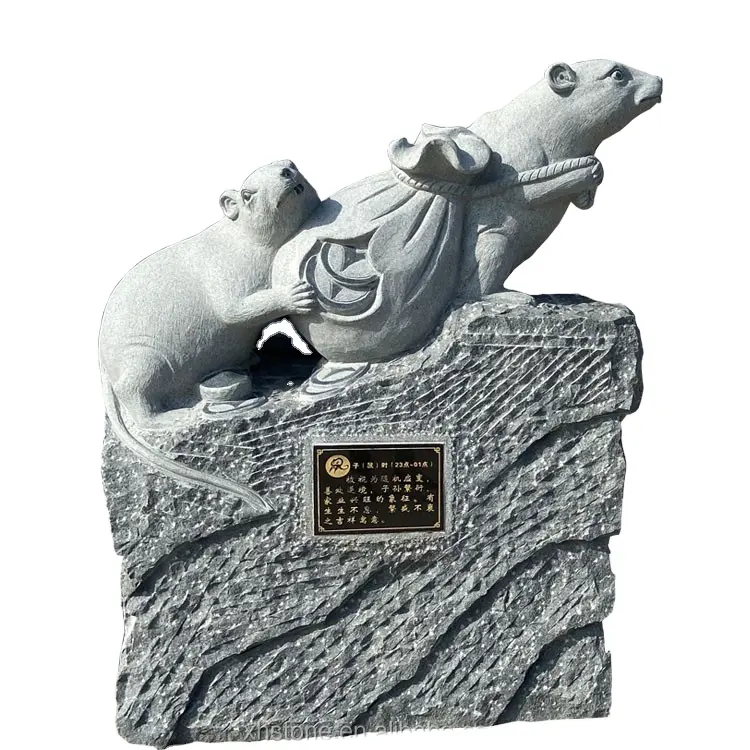 Estátua chinesa do rato do rato 12 zodiac, escultura de pedra natural do rato da mão, para decoração ao ar livre