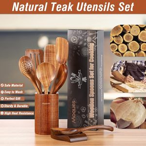 9-Piece Natural Teak Utensílio De Cozinha De Madeira Set com Comfort Grip Cozinhar Colheres e Utensílios Titular Incluindo Colher Rest - Product Image 3