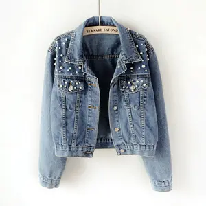 New Design Button Women 5XL Outfit Jean Coat Plain Fall Beaded Pearls Clothing Wholesale Denim Jacket For Women